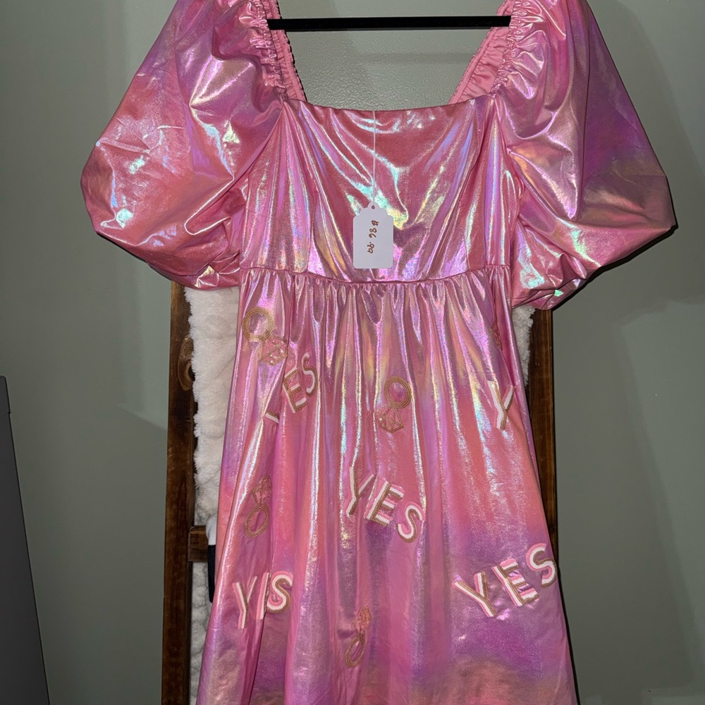 Pink Iridescent Puff-Sleeve Dress - YES Embroidered Dress